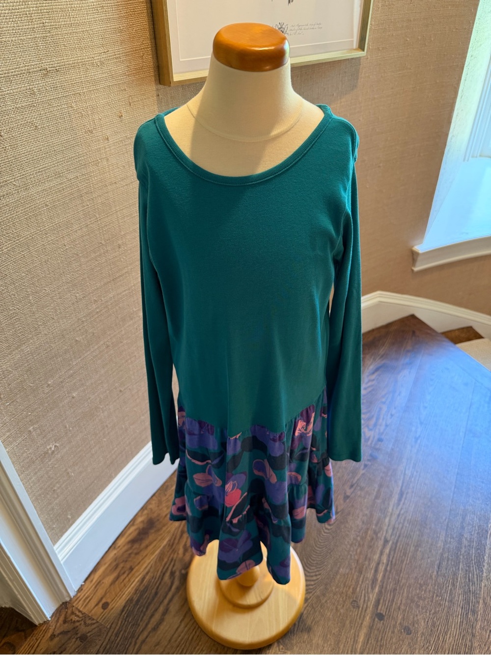 Girls Teal Long-Sleeve Dress with Floral Hem